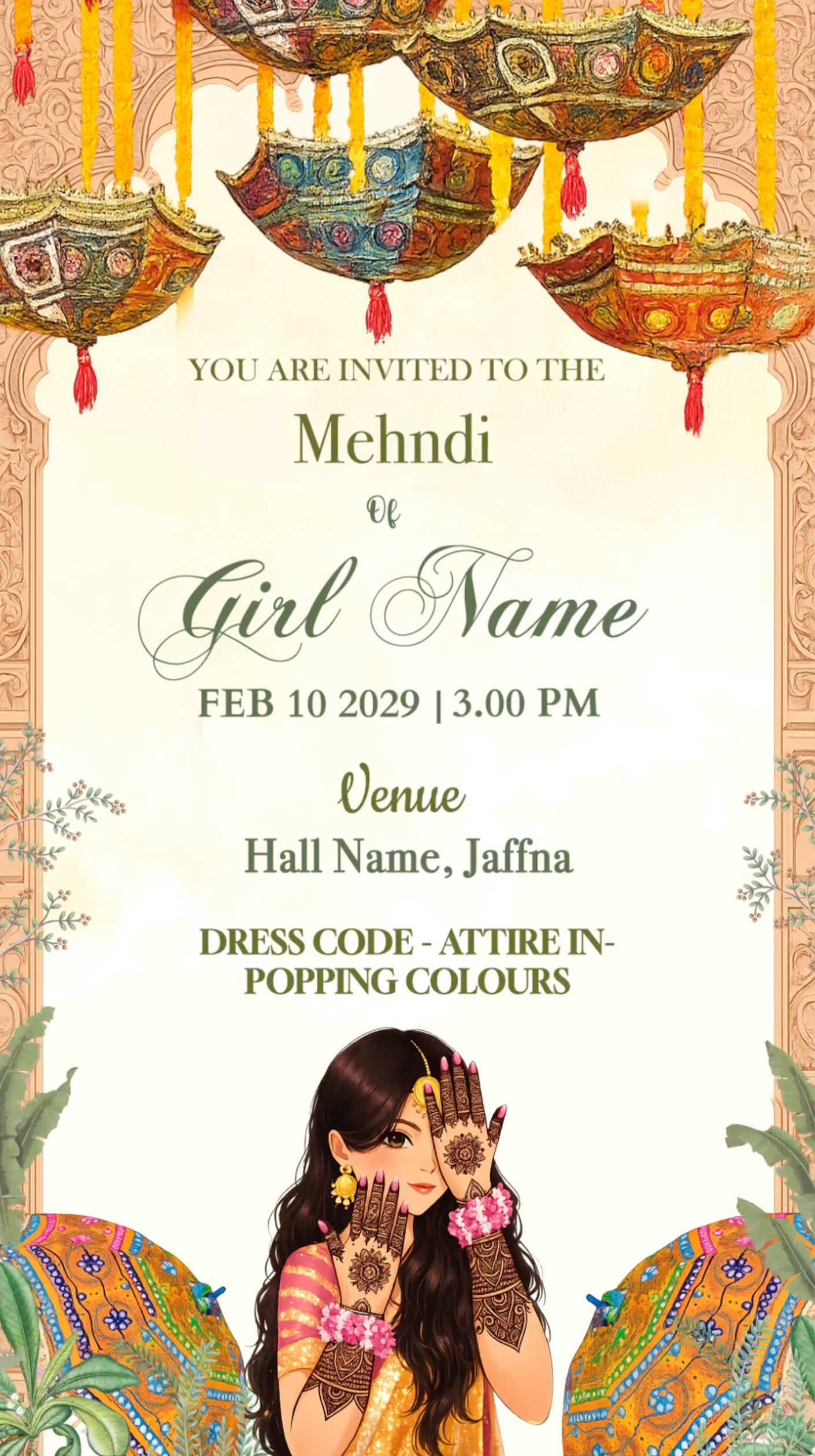 Vibrant Mehndi Celebration – Elegant Tamil Pre-Wedding Invitation