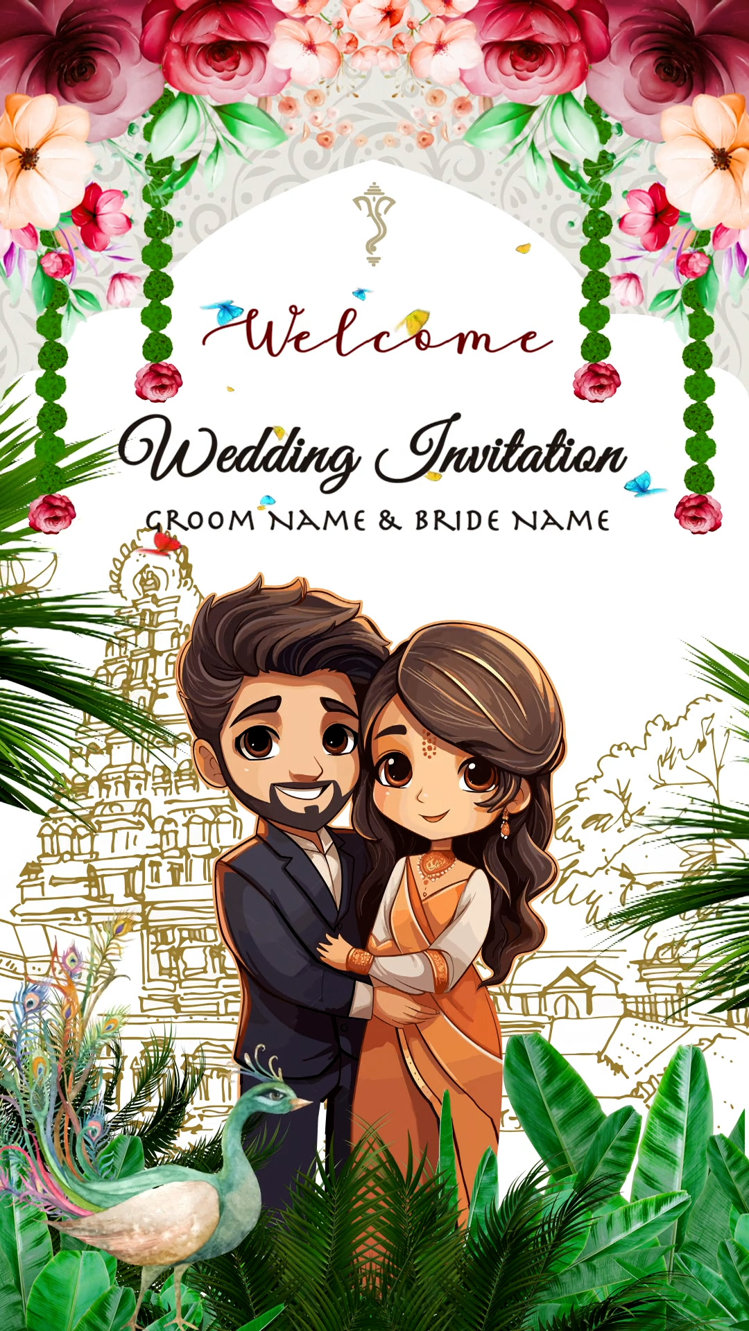 Hindu Floral & Caricature Invitation